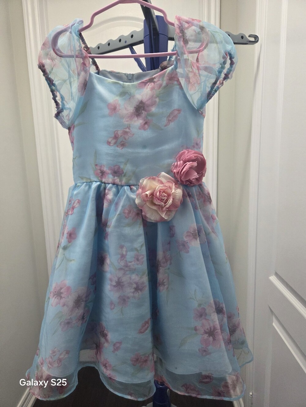 Rare Editions Sky Blue Floral Dress with Pink Flower Accents